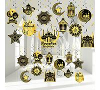 30 Pcs Décorations du Ramadan Moubarak, Tourbillon Suspendu Aïd Moubarak Décor de Feuille de Plafond de Lanterne Étoile Dorée Brillante pour Fête de l'Aïd el-Fitr (Noir et Or)
