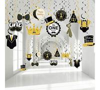 30 Pcs Décorations Suspendues de Tourbillons d’Anniversaire Mr.Onederful Tourbillons de Plafond de Fête d'Anniversaire en Paillettes Or Noir pour 1er Anniversaire Moustache Toppers Signe