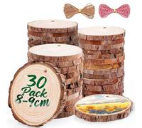 30 pcs Rondin de Bois Naturel 8-9cm avec Corde de 10 mètres, Craft Disques en Bois, Tranche de Bois, Découpe Parfaite pour Le processus de Bricolage Cadeau décoration
