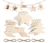 30 pcs Suspension Bois de Noël, Pendentifs en Bois Bricolage avec Ficelle pour Décorations Arbre de Noel(Sapin de Noël, étoiles et rennes)