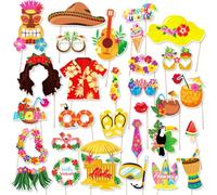 30 Pièces Accessoires Photobooth Hawaii Kit, Décoration de Fête Tropicale Aloha pour Été Plage Piscine Party, Accessoires Photomaton avec Bâtons de Bambou pour Luau Anniversaire Vacances