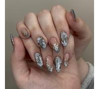 30 pièces Application rapide presse sur les ongles bleu mat avec des yeux de chat feuilles chatoyantes conception de fleur ABS brumes bleu presse sur les ongles