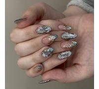 30 pièces Application rapide presse sur les ongles bleu mat avec des yeux de chat feuilles chatoyantes conception de fleur ABS brumes bleu presse sur les ongles