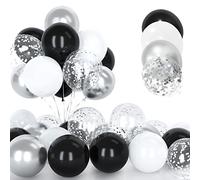 30 Pièces Ballons Argentés et Blancs, 12 Pouces Métallique Chrome Argentés Confettis Ballons, Latex Hélium Noir Ballon avec Ruban pour Anniversaire Mariage Enfant Baby Shower Fête Célébrations