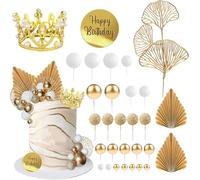30 Pièces Couronne Gateau Boule Decoration Gateau Anniversaire Deco Gâteau Blanc et Doré Feuilles de Palmier Gingko Décoration Gâteau Femme pour Mariage, Remise des Diplômes, Fêtes à Thème
