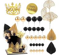 30 Pièces Couronne Gateau Boule Decoration Gateau Anniversaire Deco Gâteau Noir et Or Feuilles de Palmier Gingko Décoration Gâteau Femme Homme pour Mariage, Remise des Diplômes, Fêtes à Thème