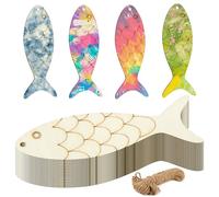 30 pièces de découpes de poisson en bois, panneaux en bois vierges inachevés en forme de poisson, découpes en bois en forme de poisson pour l'artisanat avec corde de chanvre,Fish Shaped Wood