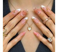 30 pièces de faux ongles amande de taille moyenne à presser, style Y2K 3D, sculptés or, tie-dye blush, français, avec perles dorées et accessoires de nœud, convient pour salon de manucure, port quotid