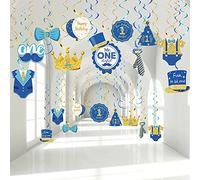30 Pièces Décorations de 1er Anniversaire Mr Onederful, Tourbillons en Papier d'Aluminium Bleu et Or Suspendus de Plafond Fête de 1er Anniversaire de Bébé Décor Signe Toppers de Moustache
