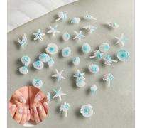 30 pièces Décorations d'ongles thème océan bleu clair 3D en résine, coquillages, étoiles de mer et palmiers pour manucure estivale de plage ABS