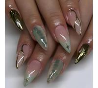30 Pièces Faux Ongles Style French Vert Clair, Motif Étoiles et Lignes Simples, Tenue Longue Durée et Amovibles