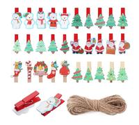 30 Pièces Mini Pinces à Linge de Noël, Support de Noël Décoration avec Ficelle Jute, Pinces en Bois pour Le Sapin, Murs Photo, Cartes Postales, Sacs en Papier