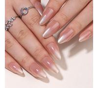 30 pièces Ongles à coller de forme amande longue, Autocollants d'ongles à couverture complète avec dégradé nude et poudre miroir, Autocollants d'ongles de style japonais blush, Convient pour le port q