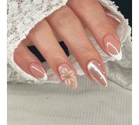 30 pièces Ongles en gel 3D en forme d'amande et ongles à pois avec décoration de perles, ensemble d'ongles faux à coller français, comprend 1 pièce d'adhésif double face et 1 pièce de lime à ongles, o