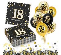 30 Pièces Serviettes 18 ans pour Anniversaire, Serviette Papier Décoration Anniversaire 18 ans Fille Garçon, Serviettes Jetables en Papier Triple Épaisseur+ 18 Ballons Noirs et Dorés Confettis Deco