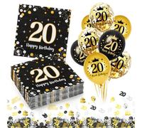 30 Pièces Serviettes 20 ans pour Anniversaire, Serviette Papier Décoration Anniversaire 20 ans Femmes Homme, Serviettes Jetables en Papier Triple Épaisseur+ 18 Ballons Noirs et Dorés Confettis Deco