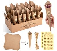 30 Pièces Set de Boîte de Support de Cône de Confettis Cône à Confettis Bouquet de Pétales Cornet en Papier pour Mariage Comprenant Cordes et Autocollants Adhésifs (Couleur de Papier Brun)