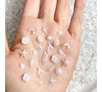 30 pièces/set Décorations d'art pour ongles de style océan arc-en-ciel ABS mélangées au hasard - Coquillage blanc Aurora 3D, étoile de mer, dauphin, décorations de manucure brillantes pour la création