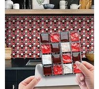 30 Pièces Stickers Muraux Autocollants pour Carrelage en Céramique et Marbre, Salle de Bains et Cuisine Sticker, Hiser 3D Mosaïque Imperméables Auto-adhésifs Décoration 10x10cm (Rouge)