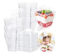 30 pièces Tasses à Dessert 60ml/2oz Gobelets à Dessert avec 30 Cuillères et couvercle Mini Tasses à Dessert Gobelets Verrines à Dessert Réutilisables en Plastique pour Mousse,Tiramisu,Anniversaire