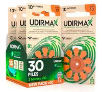30 Piles Auditives Taille 13 Udirmax PR48 Orange Zinc-Air Eco Pack - 3 Blisters Écologiques de 10 Piles
