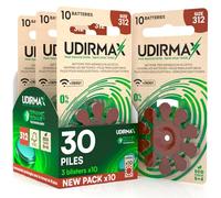 30 Piles Auditives Taille 312 Udirmax PR41 Marron Zinc-Air Eco Pack - 3 Blisters Écologiques de 10 Piles