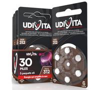30 Piles Auditives Udivita Taille 312 Type Zinc-Air - 5 Blisters de 6 Piles