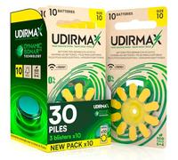 30 Piles pour Appareils Acoustiques Taille 10 Udirmax Piles PR70 Jaune Eco Pack Qualité Audio Constante Dynamic Sonar Zinc-Air - 3 Blisters Écologiques de 10 Piles