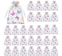 30 Sacs Cadeaux En Organza 10x15cm Papillon Blanc Doré Cordon Pour Bijoux | Gaze Transparente, Fermeture Coulissante Robuste, Sachets Dragées Cosmétiques, Emballage Mariage, Projet Calendrier Avent