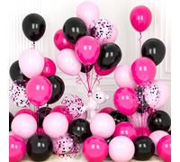 30 X Pink Black Balloons, 12 Inches Bright Pink Pastel Black Confetti Latex Helium Balloon With Ribbon For Girls Women Birthday Parties Baby Shower Wedding Christening Engagement Decoration