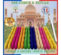 300 Cones d'Encens à Reflux -10 Parfums & Qualité A++ - Odeur Puissante - 1 Pince à Encens Naturel- 1 Porte Encens - Encens Cone Refoulement d'Inde - Ideal en Encens Aromathérapie & Diffuseur Encens