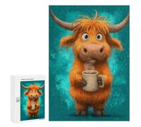 300 PCS Puzzle Cute Highland Cow with Coffee Mug Puzzle pour Adolescents Course De Vitesse Manuelle Liste De Souhaits avec Le Père Noël Jouets Jeux Éducatifs 300 PCS