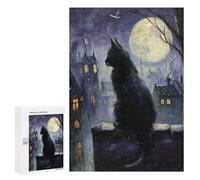 300 PCS Puzzle pour Adolescents Night Cityscape with Black Cat Puzzles pour Adultes - Défi Difficile - Activités Amusantes À La Maison pour Les Jeux 300 PCS