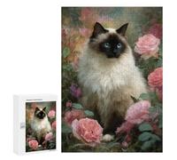 300 PCS Puzzle pour Adultes Siam Cat with Pink Roses Puzzle pour Adolescents : Améliore La Mémoire. Chaque Pièce Est Unique - Jouets Éducatifs d'apprentissage 300 PCS