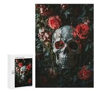 300 PCS Puzzles Gothic Skull with Red Roses Decor Puzzles pour Adolescents : Amusants Et Humoristiques ! Chaque Pièce Est Unique - Jouets Éducatifs