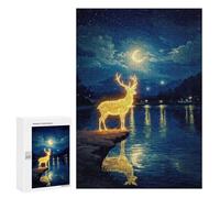 300 PCS Puzzles pour Adolescents Glowing Deer by Lake at Night Puzzles pour Adultes Jeux Relaxants Assemblage De Motifs Interaction Parent-Enfant 300 PCS