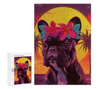 300 PCS Puzzles pour Adolescents Neon Sunset Pug with Flowers Puzzles pour Adultes - Jeu Difficile Et Stimulant À Compléter - Jouets De Jeu Stimulants 300 PCS
