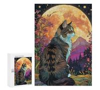 300 PCS Puzzles pour Adolescents Norwegian Forest Cat Full Moon Puzzle pour Adultes : Jeu De Rapidité Manuelle pour Anniversaire, Noël 300 PCS