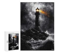 300 PCS Puzzles pour Adolescents Stormy Lighthouse in Dramatic Monochrome Style Puzzle pour Adultes : Jeu De Rapidité Manuelle pour Anniversaire, Noël 300 PCS