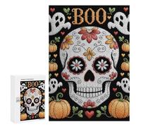 300 PCS Puzzles pour Adultes Halloween Embroidery Skull with Pumpkins and Ghosts Analyse Et Logique du Jeu De Puzzle Familial Interaction Parent-Enfant 300 PCS
