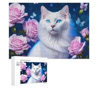 300 PCS Puzzles pour Adultes Puzzle Magical White Cat with Pink Roses Jeux Relaxants Puzzle Une Œuvre d'art Cadeaux De Noël Et d'anniversaire 300 PCS