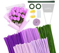 300 Pcs Violet & Vert Fil Chenille Fleur 5 Color, Pipe Cleaner Flower Kit, avec Emballages Bouquet, Rubans Pour Cadeau Fête des Mères Bouquet Diplôme Décoration Maison fils Chenilles Loisirs Creatifs