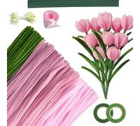 300 Pièces Cure Pipes, Fleurs Tulipes, Comprend du Fil de Fer Floral, des Rubans et du Papier pour Les décorations de fête et Les activités Parent-Enfant (Rose)