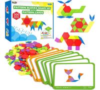 300 Wooden Pattern Blocks for Children,24 Double-Sided Design Cards (48 Designs) and Storage Bag in Gift Box,Funny Montessori Learning Toys