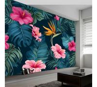 300 x 210 cm Papier peint panoramique - Affiche murale Feuillage Et Fleurs Des Paysages Tropicaux, papier peint intissé Vert personnalisé 3D, décoration murale pour salon et chambre d'enfant