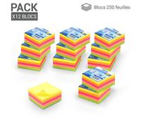 3000 Notes Autocollantes Repositionnables Multi Couleurs Néons 12 Mini Bloc 250 Feuilles 5 X 5 Cm