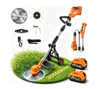 30000 RPM Brushless Cordless Weed Wacker with Wheels, 12-inch Battery Powered Electric Weed Eater, 4-in-1 Grass Trimmer, Brush Cutter, Stringless Weed Trimmer & Lawn Edger (2, Orange)