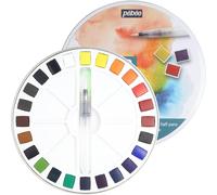 Pébéo - Aquarelle Fine Boîte Ronde en Métal 24 Demi-Godets - Coffret Peinture Aquarelle Pébéo - Kit Aquarelle Palette 24 Demi-Godets & 1 Pinceau de Poche (l'emballage peut varier)