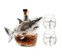 300ML Carafe A Decanter Vin - Decanter Whisky Figurine, Carafe À Vin/whisky Originale En Forme De Requin 3D, Sculpture En Verre Soufflé À La Main, Cadeau Décoratif Étanche(Shark+2 cups)
