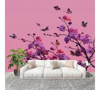 300x210 cm Seamless Join Easy Install Papier Peint Photo Fleurs de cerisier et papillons romantiques Durable Waterproof Removable Mural 200x140 Cm Violet Papier Peint Anti-Stain Fresque Murale Grande